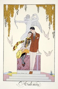 Syksy, teoksesta "Falbalas and Fanfreluches, Almanac of Present, Past and Future Modes" tekijältä Georges Barbier