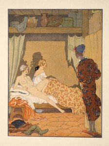 Makuuhuonekohtaus, kuvitus Pierre Choderlos de Laclosin (1741-1803) pubista "Les Liaisons Dangereuses". 1934 (stensiiliprintti) tekijältä Georges Barbier