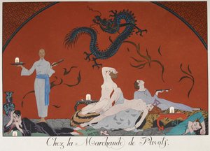Chez la Marchande de Pasots. Ihmisiä, jotkut alasti, makaamassa huoneessa. kiinalainen koristelu. tekijältä Georges Barbier
