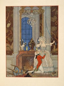 Danceny julistamassa rakkauttaan Cecilelle, kuvitus Pierre Choderlos de Laclosin (1741-1803) pubista "Les Liaisons Dangereuses". 1934 (stensiiliprintti) tekijältä Georges Barbier