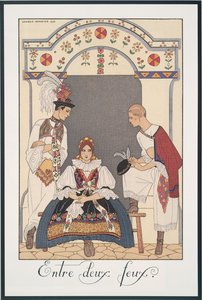 Falbalas ja Fanfreluches, Almanakka vuodelle 1923, Between Two Fires, George Barbier, print tekijältä Georges Barbier