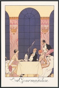 Falbalas ja Fanfreluches, Almanakka vuodelle 1925: "La gourmandise", George Barbier, print tekijältä Georges Barbier