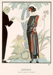 "Gazette du Bon Ton"; Esperez, Worthin iltapuku, n.1920 (värilitro). tekijältä Georges Barbier