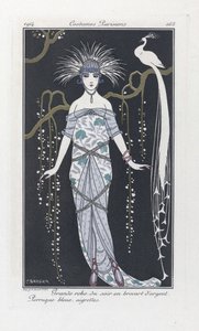 Iso iltapuku hopeabrokaadia. Sininen peruukki, aigrettes, Costumes Parisiensilta, pub.1914 (stencilprint) tekijältä Georges Barbier