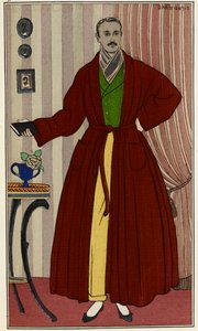 Mies aamutakissa. George Barbierin (1882-1932) kuvitus, otettu Journal des dames et des modes -julkaisusta. Pariisi 1912-1914. British Library Institution, viitehyllytunnus: P.P.5242.dc, pl.96, vastapäätä sivua 16. Mies pukuhuoneessa tekijältä Georges Barbier
