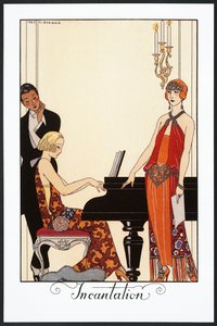Loitsu, pianisti ja nainen pukeutunut iltapukuihin, kuvitus Falbalas et Fanfreluches, Almanakka vuodelta 1923