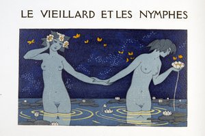 Vanha mies ja nymfit, kuvitus Les Chansons de Bilitisistä, Pierre Louys, pub. 1922 (stensiiliprintti) tekijältä Georges Barbier