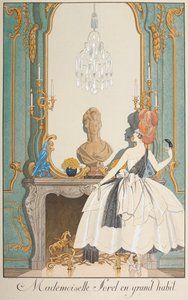 Mademoiselle Sorel suuressa tottumuksessa. Nainen seisoo takan edessä. tekijältä Georges Barbier