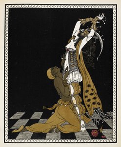 Nijinsky Kultaisena orjana Nikolai Rimski-Korsakovin vuonna 1888 säveltämässä Sheherazadessa. Hän polvistuu Sheherazaden edessä, molemmat pukeutuneena arabialaiseen asuun. tekijältä Georges Barbier
