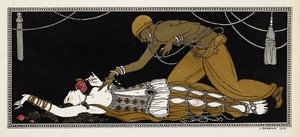 Nijinsky kultaisena orjana Nikolai Rimski-Korsakovin vuonna 1888 säveltämässä Sheherazadessa. Sheherazade on täällä kuolinvuoteellaan kultaisen orjan nojaten hänen ylleen. tekijältä Georges Barbier