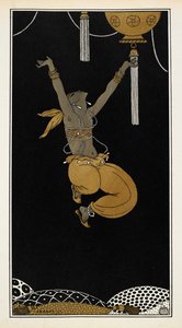 Nijinsky kultaisena orjana Sheherazadessa, Nikolai Rimski-Korsakovin vuonna 1888 säveltämässä sinfonisessa sarjassa. Nijinski on ilmassa, puolihypyssä. tekijältä Georges Barbier