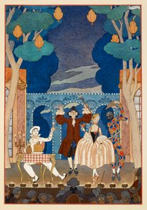 Pantomiimi. Pierrot ja Harlequin. Mies ja kaunis nainen. Kaikki lavalla. tekijältä Georges Barbier