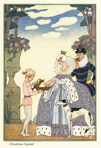 Kuningatar Elisabet pesee kätensä sivupoikansa pitämässä kulhossa. 1928 (painettu) tekijältä Georges Barbier