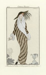 Sable takki White Fox -koristeella, Costumes Parisien, pub.1912 (pochoir print) tekijältä Georges Barbier