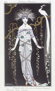 Hopeinen brokadi-iltapuku ja peruukki - kuvitus George Barbierin (1882-1932). julkaisussa "" Journal des dames et des modes: Costumes Parisiens"" tekijältä Georges Barbier