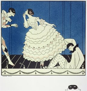 Tamara Karsavina (1885-1978) Columbinena, Vaslav Nijinsky (1890-1950) Harlequinina ja Adolph Bolm (1884-1951) Pierrotina Fokinen Carnavalissa vuonna 1910, pub. 1914 (pochoor print) tekijältä Georges Barbier
