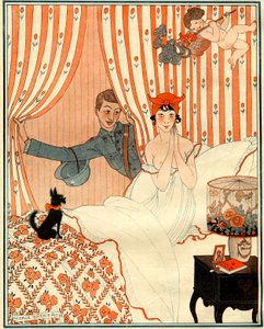 Suunnittelematon paluu… Tai herätyskello - kuvitus la Vie Parisiennesta tekijältä Georges Barbier