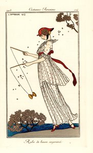Nainen mekossa painettua pellavaa soittaen diaboloa tekijältä Georges Barbier