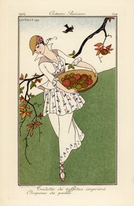 Nainen olkihattu ja mekko painettu tafti. tekijältä Georges Barbier