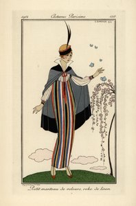 Nainen raidallisessa pellavamekossa, jossa lyhyt samettitakki. tekijältä Georges Barbier