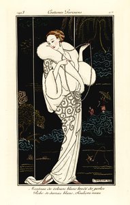 Nainen samettiviittassa, damastipuvussa ja vaaleanpunaisissa tossuissa. tekijältä Georges Barbier