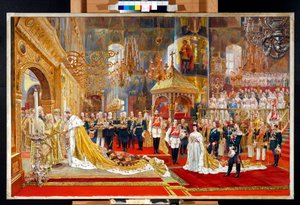Venäjän tsaari Aleksanteri III:n (1845-1894) ja keisarinna Maria Feodorovnan (Tanskan Dagmar) (1847-1928) kruunaus - Georges Beckerin (1845-1909) taideteos tekijältä Georges Becker