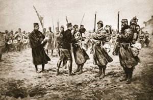 Tulilinjan rohkeiden kunniaksi: ranskalainen kenraali jakoi kunnianosoituksen sotilasmitalilla palkituille miehille, "The Illustrated War News" tekijältä Georges Bertin Scott