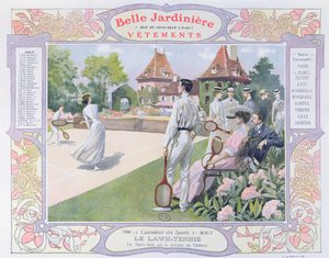 Lawn Tennis, elokuun kuvitus La Belle Jardiniere -vaatekaupan kalenterista, 1906 tekijältä Georges Bertin Scott