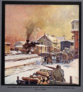 Punaisen ja valkoisen kaartin välinen taistelu rautatieasemalla, teoksesta Histoire des Soviets, pub. 1922 (värilitro) tekijältä Georges Carrey