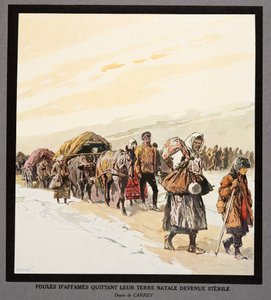 Nälkäisten ihmisten pako kotimaastaan, teoksesta Histoire des Soviets, pub. 1922 (väriliitos)