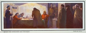 Pankkiholvin sisällä vallankumouksen aikana, teoksesta Histoire des Soviets, pub. 1922 (väriliitos) tekijältä Georges Carrey
