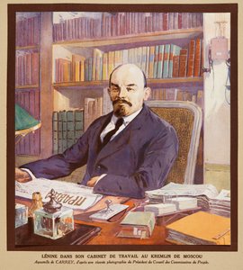 Lenin toimistossaan Kremlissä Moskovassa, teoksesta Histoire des Soviets, pub. 1922 (värilitro)
