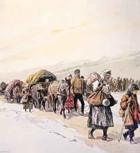 Nälkäiset väkijoukot jättämässä isänmaataan, noin 1924 (värilitografia).