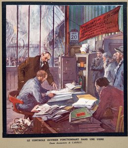 Työntekijöiden valvonta neuvostotehtaassa vallankumouksen aikaan vuonna 1917, Histoire des Soviets, pub. 1922 (värilitro)