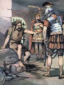 Gallian sota: "" Gallialainen soturi Vercingetorix vanki Jules Cesarin roomalaisissa aseissa Tullianumin vankiloissa, 46 eaa." (Gallialaiset sodat: Vercingetorixin vanki Mamertinen vankilassa Roomassa tappion jälkeen Julius Caesaria vastaan, 46 eKr.) Kuvit tekijältä Georges Conrad