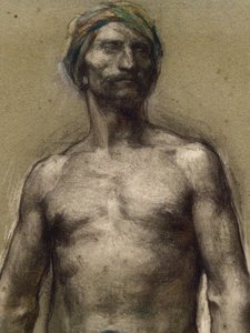 Tutkimus alastomasta miehestä turbaanissa (yksityiskohta) (noin 1888). George Desvallieres (1861-1950). Pastelli paperisauvalla laminaatit pahvipaperille. Musee des Beaux-Arts de la Ville de Paris, PeuPalais.