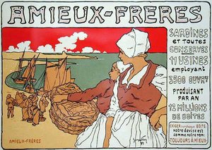 Jäljennös julisteesta, jossa mainostetaan "Amieux-Freres", sardiinien ja kaikkien säilykkeiden tuottajat tekijältä Georges Fay