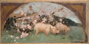 Luonnos Pariisin Hôtel de Villen ruokasaliin: La viande de porc tekijältä Georges Jules Bertrand