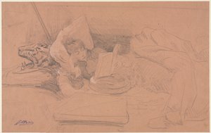Sarah Bernhardt makaamassa sohvalla, lukemassa tekijältä Georges Jules Victor Clairin
