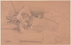 Sarah Bernhardt makuuasennossa divaanilla, lukeminen, n. 1885-1890. tekijältä Georges Jules Victor Clairin