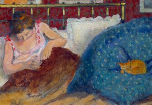 Georges Lemmen (1865-1916) sängyssä tai nainen kissamaalauksella 1900 su. 0,3x0,45 m Pariisi, musee d