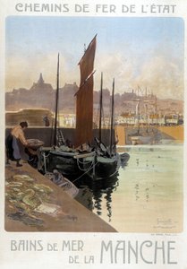 Les bains de mer de la Manche (näkymä Granvillen satamasta) - Valtion rautateiden juliste, kirjoittanut Meunier tekijältä Georges Meunier