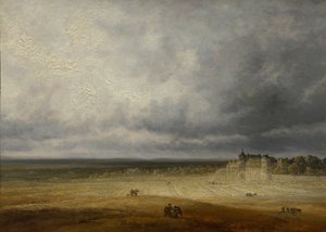 Maisema kynnetty pelto ja kylä, luultavasti vuoden 1827 jälkeen.