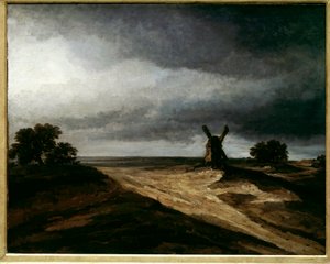 Montmartren ympäristössä pariisilainen maisema myllyineen. Georges Michelin (1763-1843) maalaus 1700-luvun Sun. 0,64 x 0,80 m Pariisi, Musee du Louvre