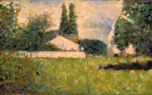 Talo puiden keskellä / Maison dans les Arbres, n. 1883 (öljy paneelille) tekijältä Georges Pierre Seurat