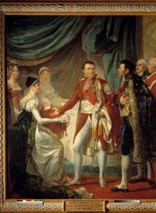 Keisari Napoleon I esittelee poikansa Rooman kuninkaan Imperiumin arvohenkilöille 20.3.1811 Georges Rouget