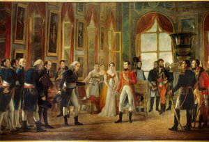 Napoleon I (1769-1821) otti Saint-Cloudissa vastaan Senatus-Consulten, joka julisti hänet Ranskan keisariksi 18.5.1804 (keisaritar Josephinen takana on hänen tyttärensä Hortense ja hänen kälynsä Marie-Annonciade, Caroline Bonaparte (1782-1839)). Je