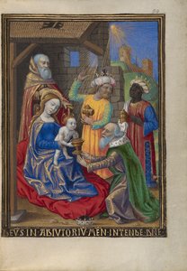 Maagien palvonta tuntikirjasta Ms. 48 fol. 59, n. 1480-90 (tempera, lehtikulta ja muste pergamentissa)