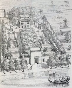 Näkymä egyptiläisestä huvilasta Niilin varrella, Chipiezin rekonstruktio, antiikin taiteen historiasta (Egypti, Assyria, Persia, Vähä-Aasia, Kreikka, Etruria, Rooma) tekijältä Georges and Chipiez Charles Perrot