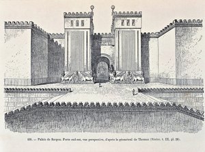 Sargonin palatsin kaakkoisportin jälleenrakennus Dur-Sharrukinissa ("Sargonin linnoitus"), nykyään Khorsabad (etsaus) tekijältä Georges and Chipiez Charles Perrot
